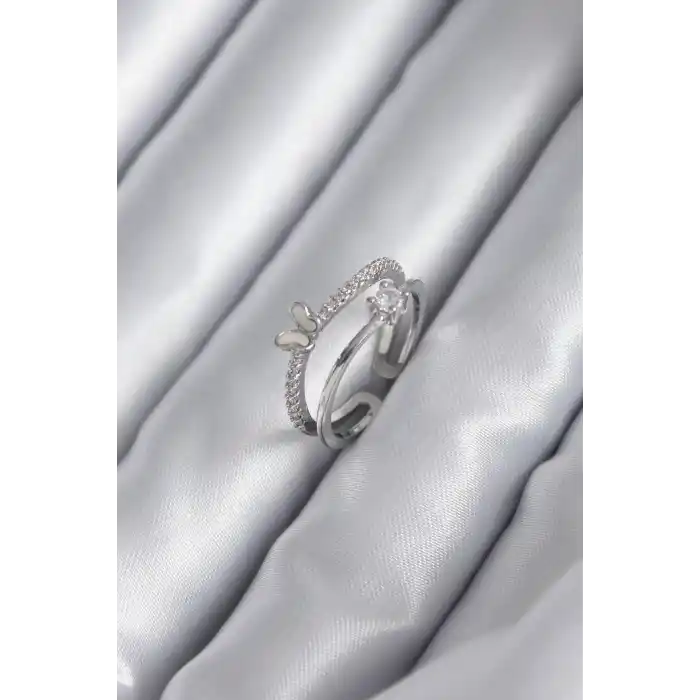 Pirinç Gümüş Renk Zirkon Taşlı Kelebek Model Kadın Yüzük