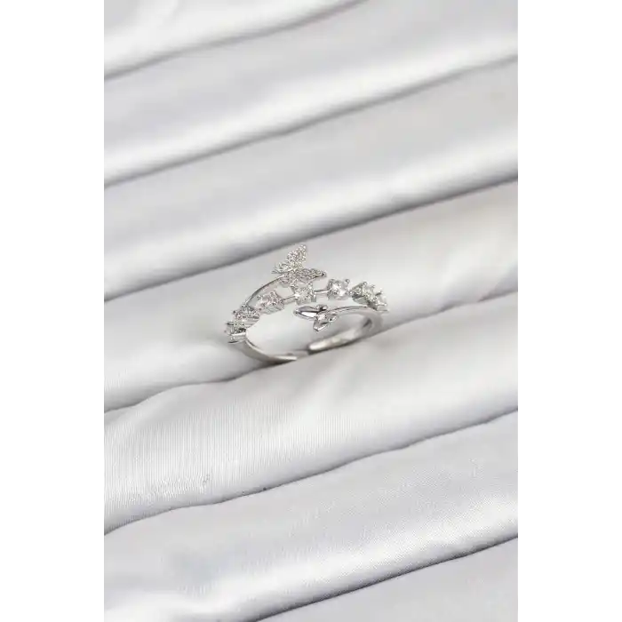 Pirinç Gümüş Renk Zirkon Taşlı Kelebek Model Kadın Yüzük