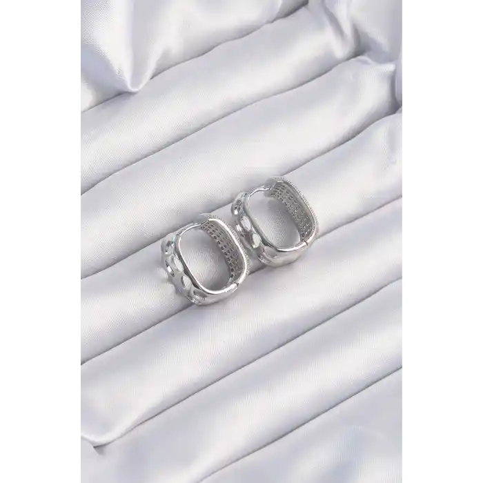 Pirinç Gümüş Renk Zirkon Taşlı Minimal Halka Küpe