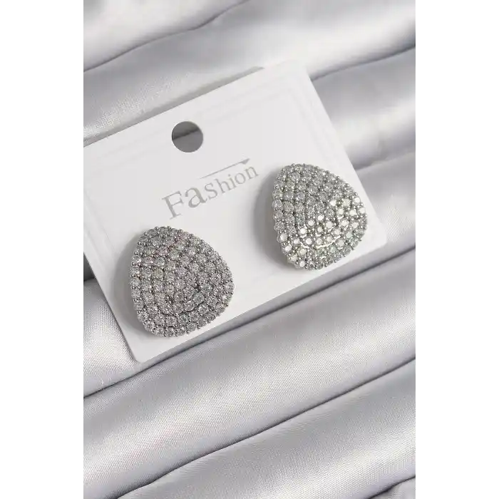 Pirinç Gümüş Renk Zirkon Taşlı Plaka Model Kadın Küpe