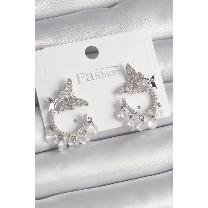 Pirinç Gümüş Renk Zirkon Taşlı Sallantı Detay Kelebek Model Kadın Küpe