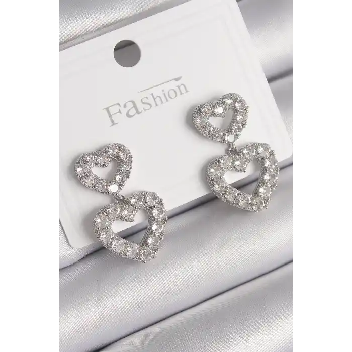 Pirinç Gümüş Renk Zirkon Taşlı Sallantı Kalp Model Kadın Küpe