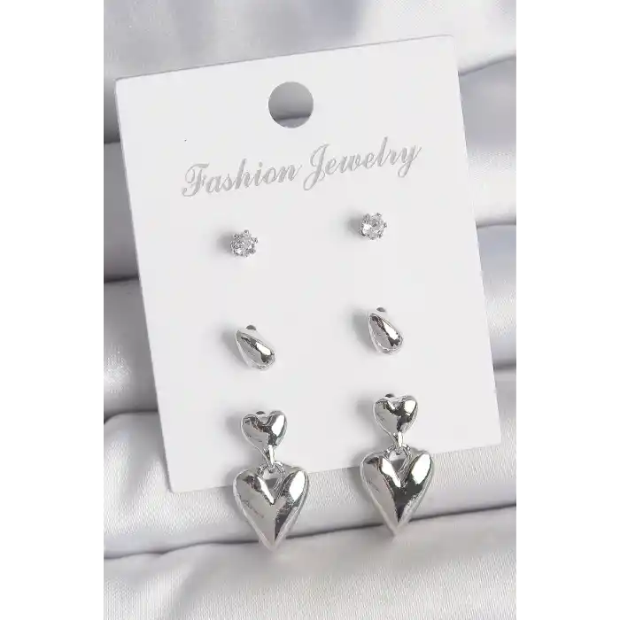 Pirinç Gümüş Renk Zirkon Taşlı Sallantılı Kalp Model 3 Çift Kadın Küpe Seti