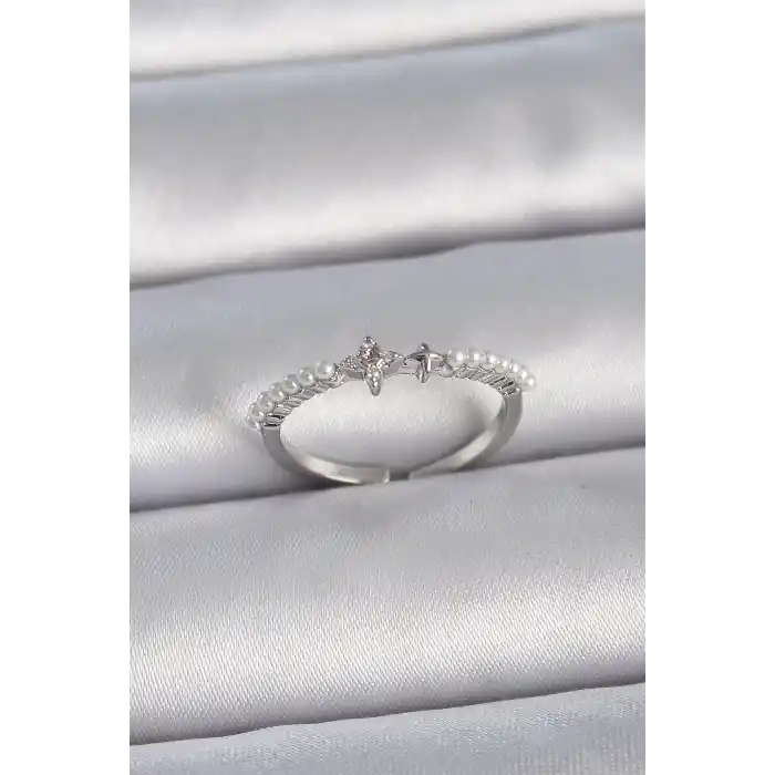 Pirinç Gümüş Renk Zirkon Taşlı Sıralı İnci Ayarlanabilir Model Kadın Yüzük