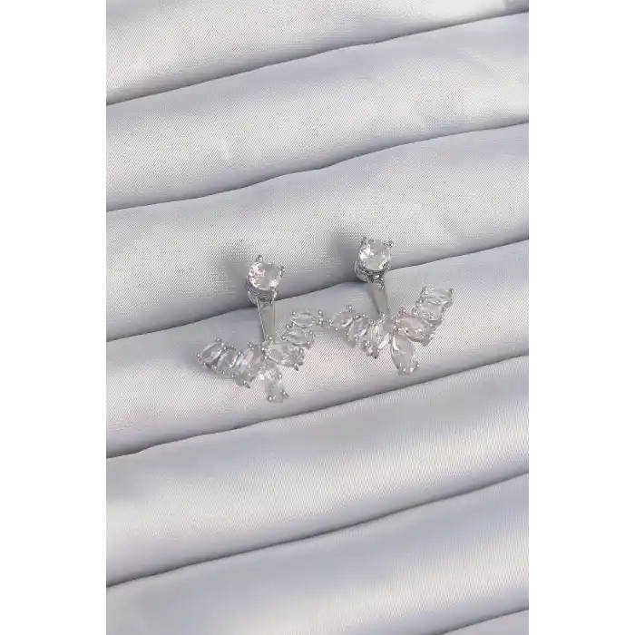 Pirinç Gümüş Renk Zirkon Taşlı V Model Küpe