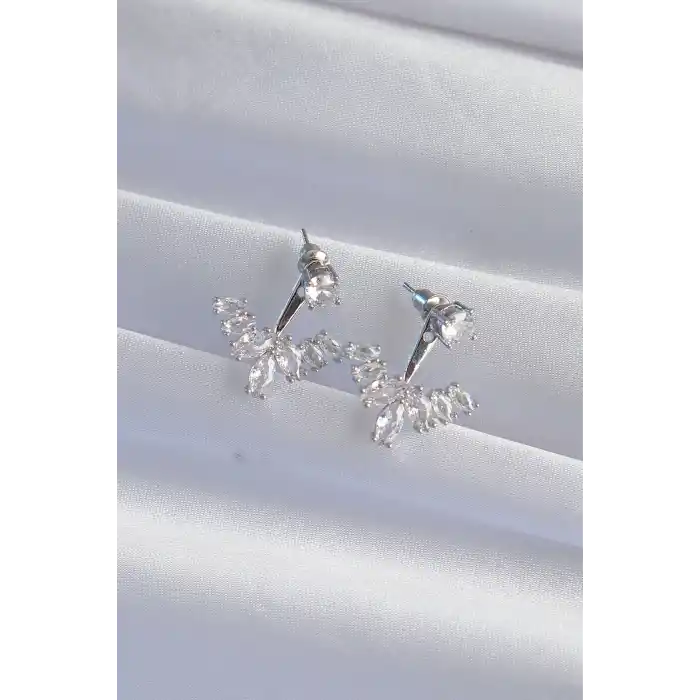 Pirinç Gümüş Renk Zirkon Taşlı V Model Küpe