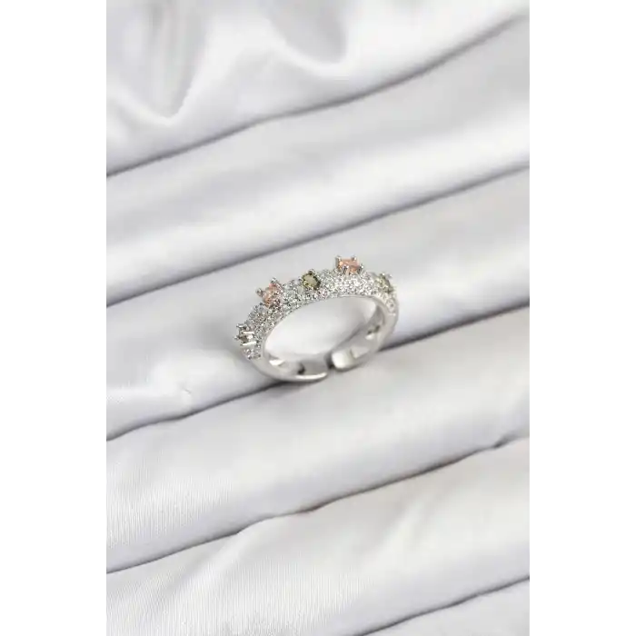 Pirinç Gümüş Renk Zirkon Taşlı Vintage Kadın Yüzük