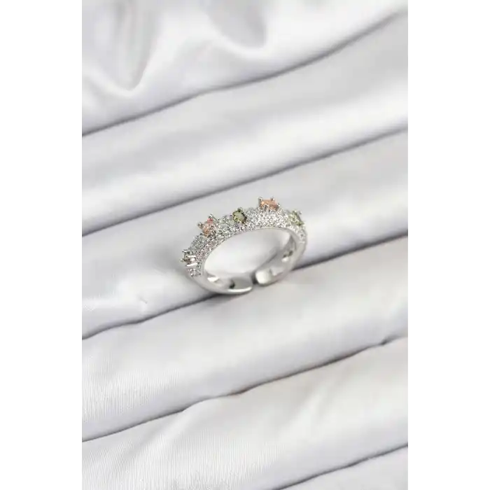 Pirinç Gümüş Renk Zirkon Taşlı Vintage Kadın Yüzük