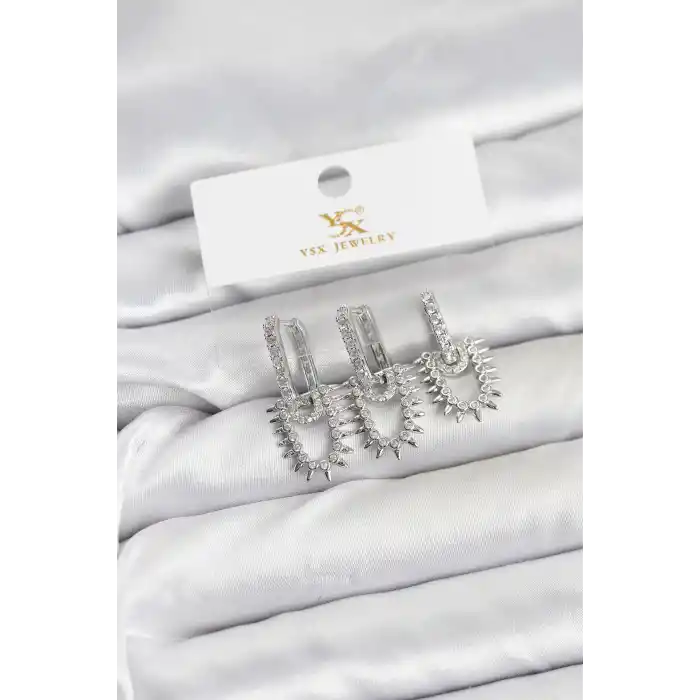 Pirinç Gümüş Renk Zirkon Taşlı Vintage Model YSX Trio Küpe Seti