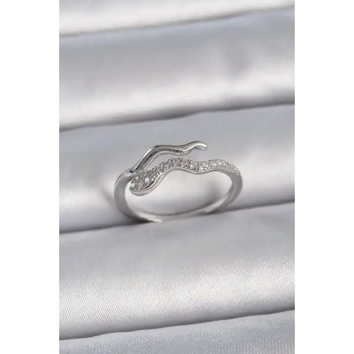 Pirinç Gümüş Renk Zirkon Taşlı Yılan Ayarlanabilir Model Kadın Yüzük
