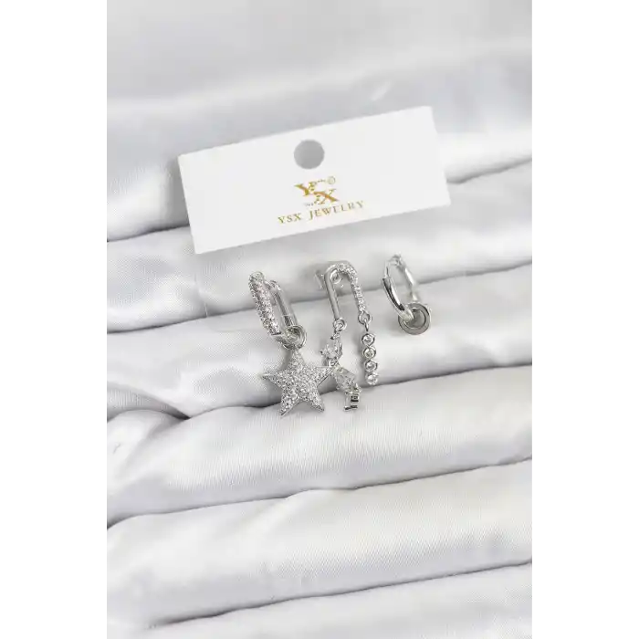 Pirinç Gümüş Renk Zirkon Taşlı Yıldız Vintage Model YSX Trio Küpe Seti