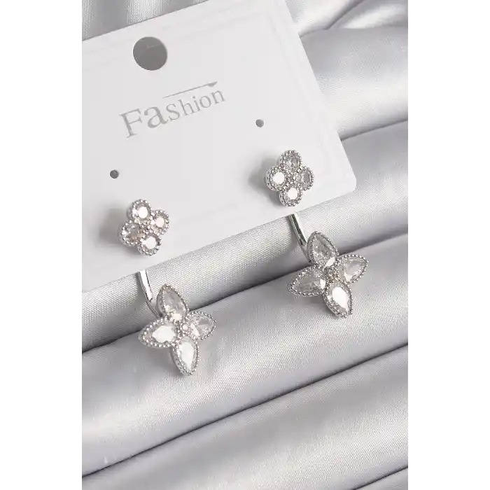 Pirinç Gümüş Renk Zirkon Taşlı Yonca Model Kadın Küpe