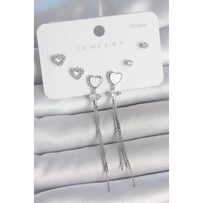 Pirinç Gümüş Sallantı Beyaz Mineli Kalp Model Zirkon Taşlı Kalp Detay 925 Ayar Gümüş Çivi Kadın Küpe Seti