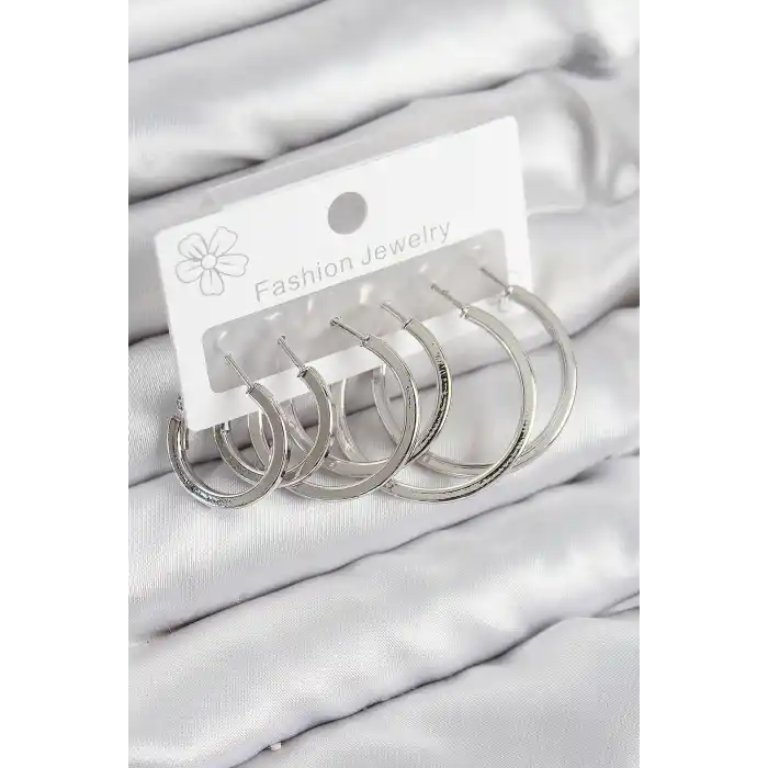 Pirinç Halka Model Gümüş Renk Kadın Set Küpe