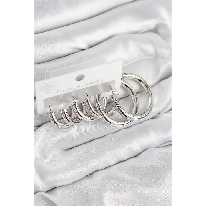 Pirinç Halka Model Gümüş Renk Kadın Set Küpe