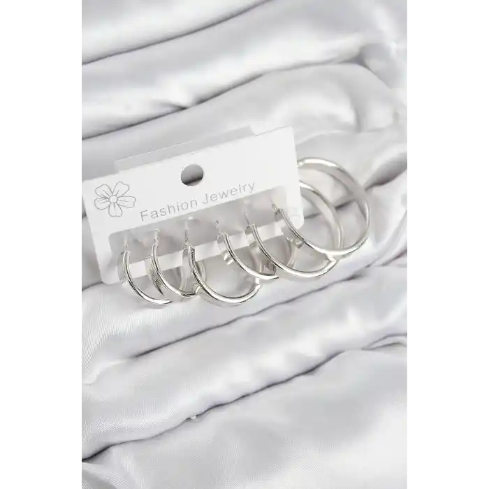 Pirinç Halka Model Gümüş Renk Kadın Set Küpe