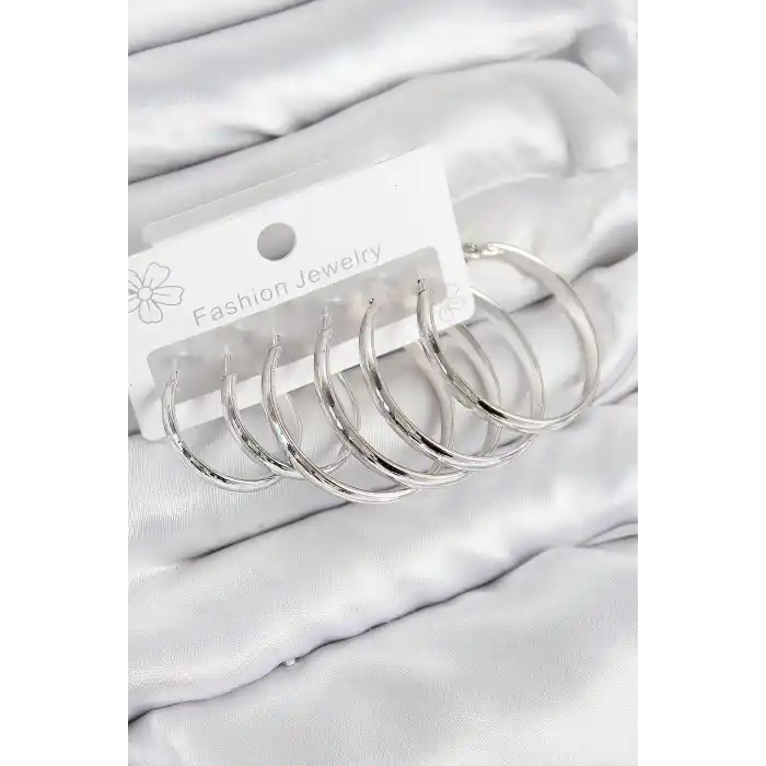 Pirinç Halka Model Gümüş Renk Kadın Set Küpe