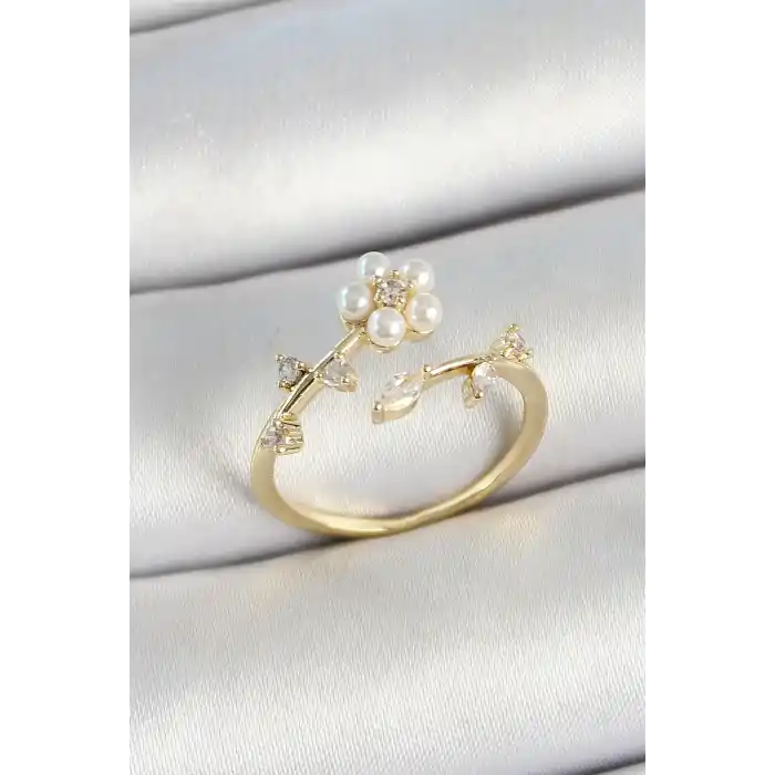 Pirinç İnci Detaylı Papatya Figürlü Zirkon Taşlı Gold Renk Ayarlanabilir Kadın Yüzük