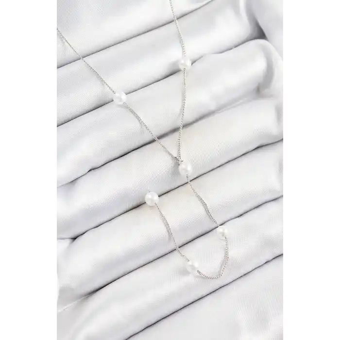 Pirinç İnci Figürlü Y Model Gümüş Renk Kadın Kolye