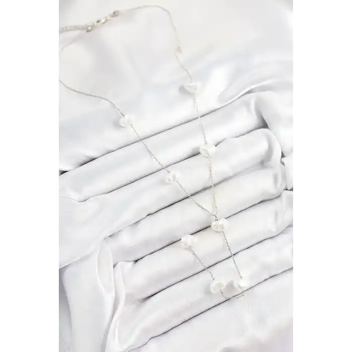 Pirinç İncili Kalp Figürlü Y Model Gümüş Renk Kadın Kolye