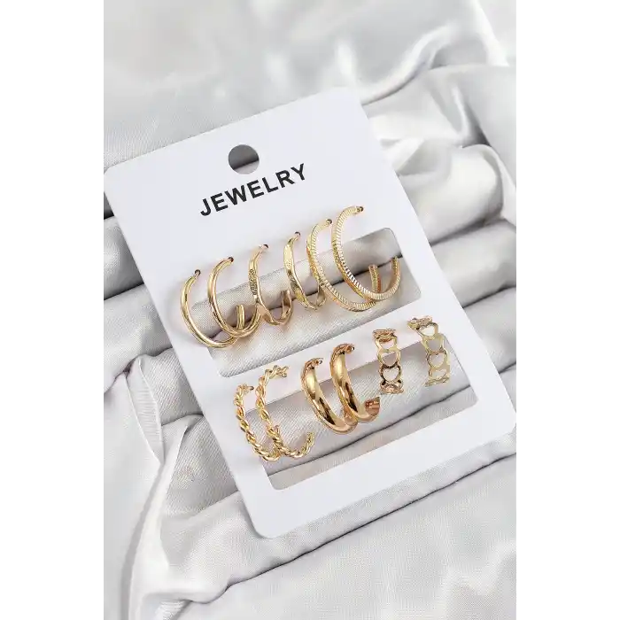 Pirinç Karışık Halka Model Gold Renk 6 Çift Kadın Küpe Set