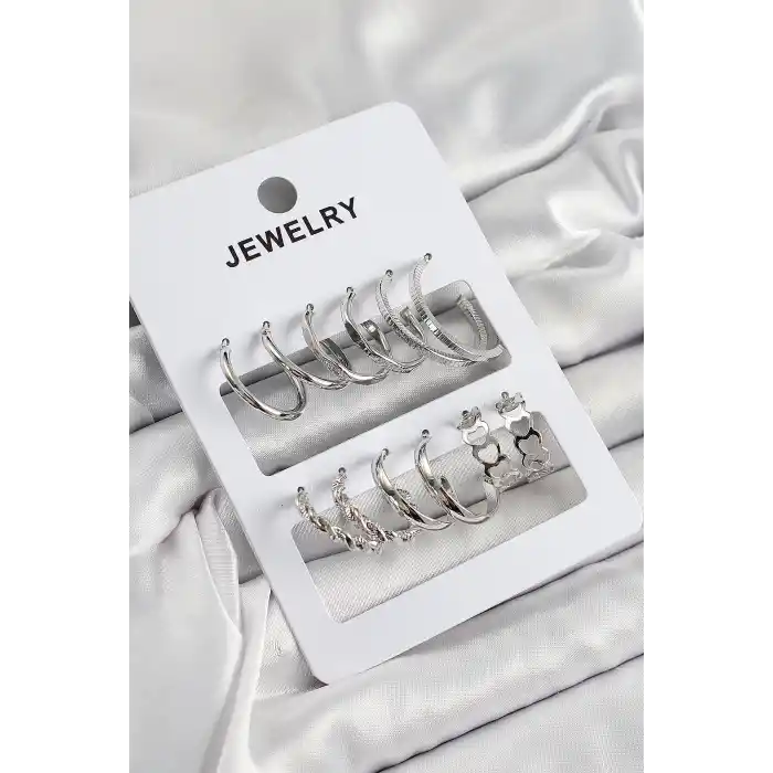 Pirinç Karışık Halka Model Gümüş Renk 6 Çift Kadın Küpe Set