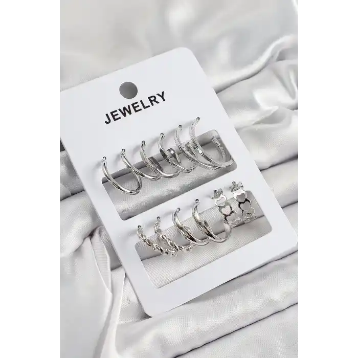 Pirinç Karışık Halka Model Gümüş Renk 6 Çift Kadın Küpe Set