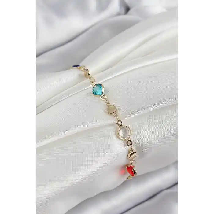 Pirinç Karışık Renk Zirkon Taşlı Gold Renk Kadın Bileklik