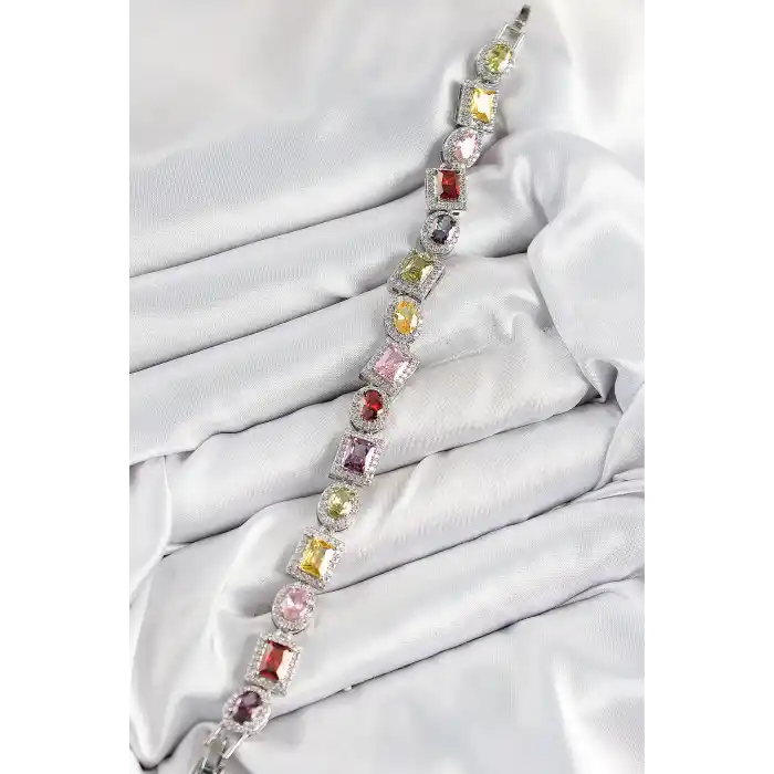 Pirinç Karışık Zirkon Taşlı Baget Model Gümüş Renk VIP Seri Kadın Bileklik