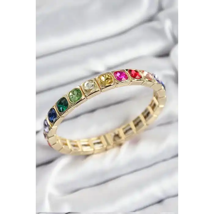 Pirinç Karışık Zirkon Taşlı Kare Model Gold Renk Lastikli Kadın Bileklik