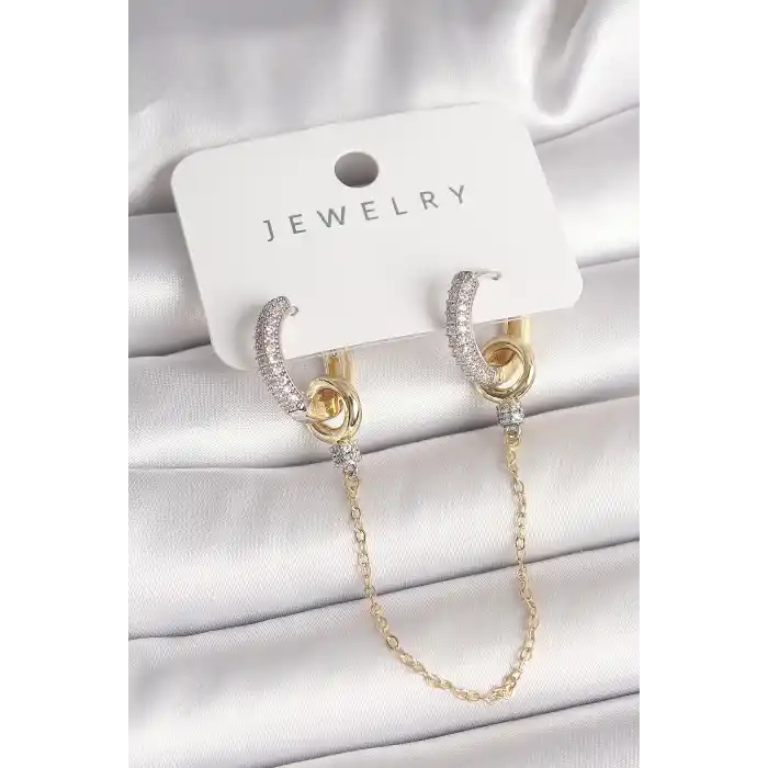 Pirinç Mix Renk Zirkon Taşlı Sallantı Zincir Model Kadın Küpe