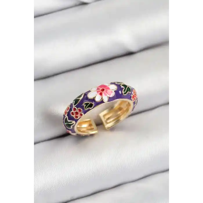 Pirinç Mor Mineli Çiçek Motifli Gold Renk Ayarlanabilir Kadın Yüzük