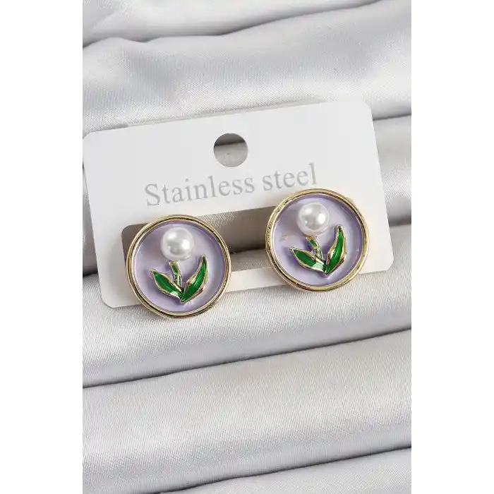 Pirinç Mor Mineli Lale Figürlü Sanatsal Portre Model Gold Renk Kadın Küpe