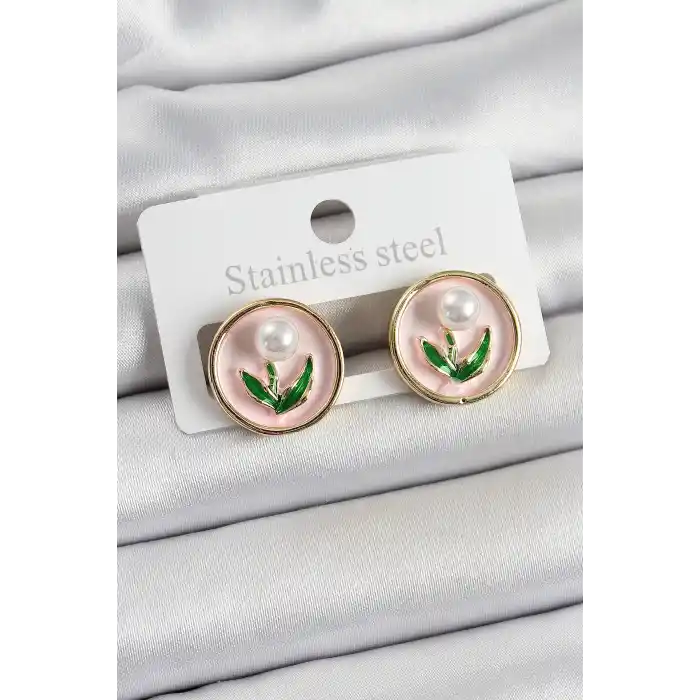 Pirinç Pembe Mineli Lale Figürlü Sanatsal Portre Model Gold Renk Kadın Küpe