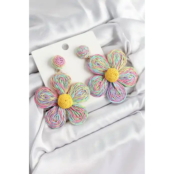 Pirinç Rainbow Papatya Model Gold Renk Kadın Hasır Küpe