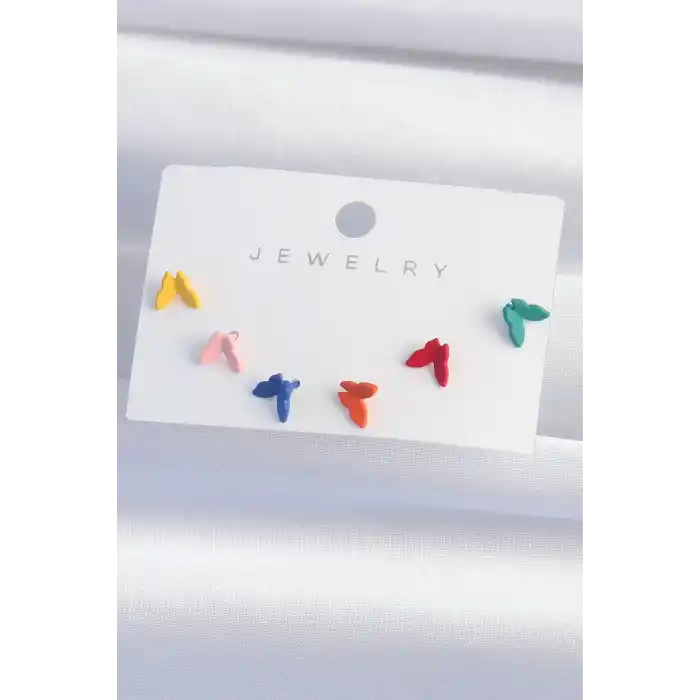 Pirinç Rengarenk Mineli Minimal Kelebek Küpe Seti