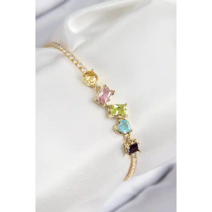 Pirinç Renkli Zirkon Taşlı Geometrik Model Gold Renk Kadın Bileklik