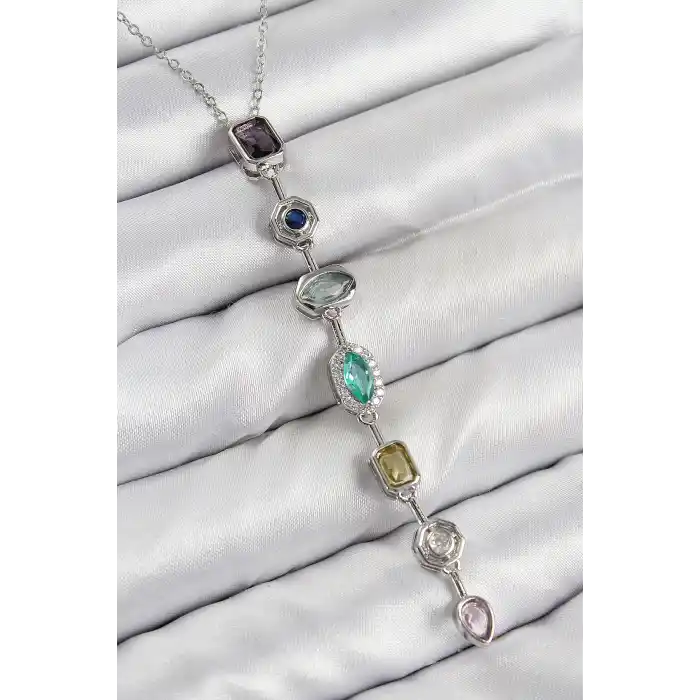 Pirinç Renkli Zirkon Taşlı Model Gümüş Renk Kadın Y Kolye