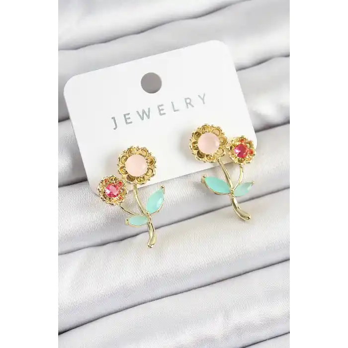 Pirinç Renkli Zirkon Taşlı Papatya Model Gold Renk Kadın Küpe