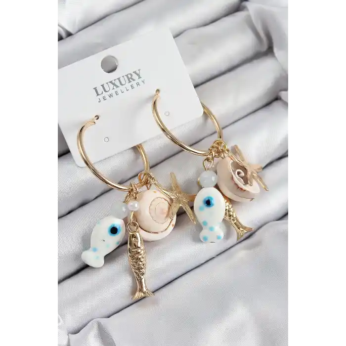 Pirinç Sallantılı Seramik Balık Ve Deniz Kabuğu Model Gold Renk Kadın Küpe