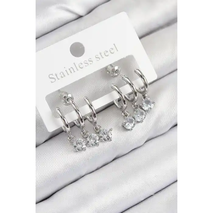 Pirinç Sallantılı Zirkon Taşlı Model Gümüş Renk Kadın Küpe