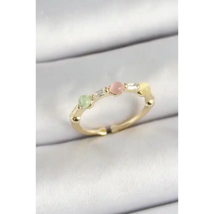 Pirinç Sıralı Boncuk Figürlü Zirkon Taşlı Gold Renk Ayarlanabilir Kadın Yüzük