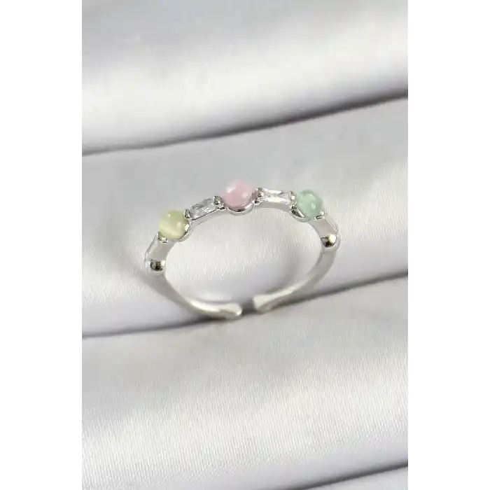 Pirinç Sıralı Boncuk Figürlü Zirkon Taşlı Gümüş Renk Ayarlanabilir Kadın Yüzük