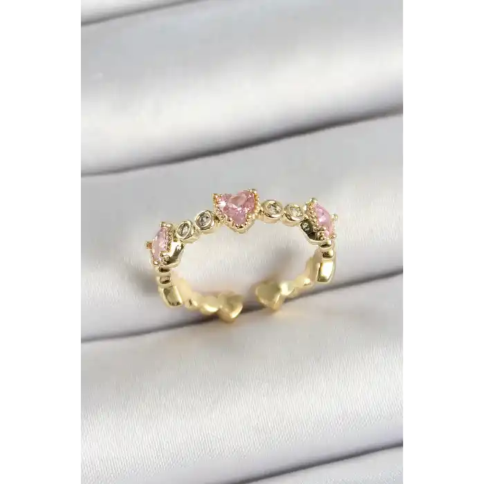 Pirinç Sıralı Kalp Figürlü Zirkon Taşlı Gold Renk Ayarlanabilir Kadın Yüzük