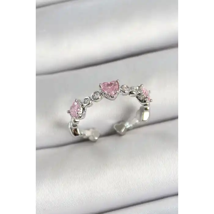 Pirinç Sıralı Kalp Figürlü Zirkon Taşlı Gümüş Renk Ayarlanabilir Kadın Yüzük