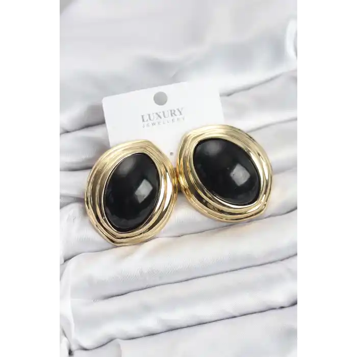 Pirinç Siyah Badem Model Vintage Gold Kadın Küpe