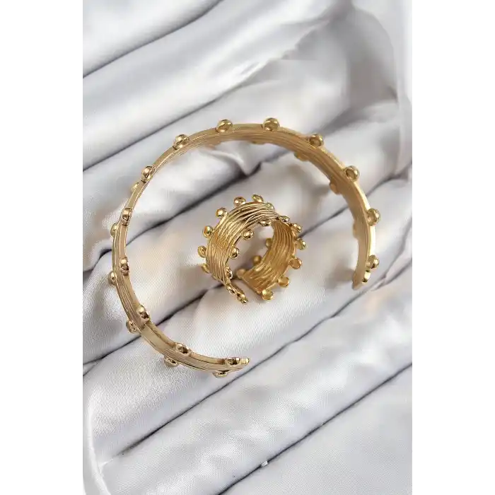 Pirinç Topcuk Model Gold Renk Bileklik Yüzük Set