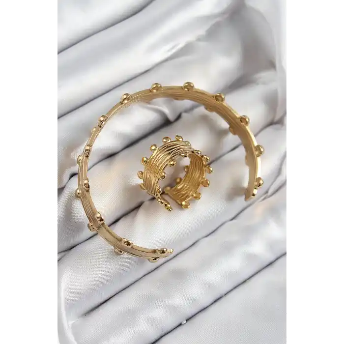 Pirinç Topcuk Model Gold Renk Bileklik Yüzük Set