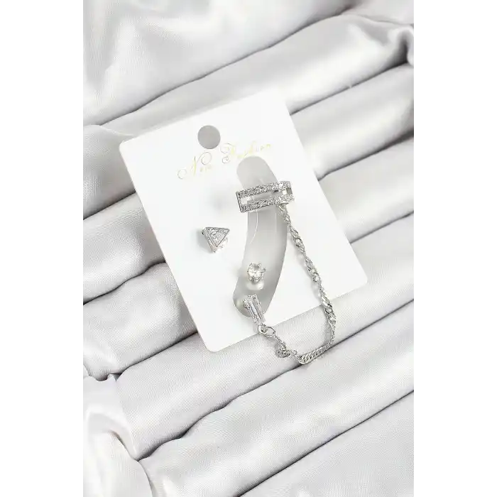 Pirinç Üçgen Figürlü Zirkon Taşlı Gümüş Renk 3lü Kıkırdak Kadın Küpe Set