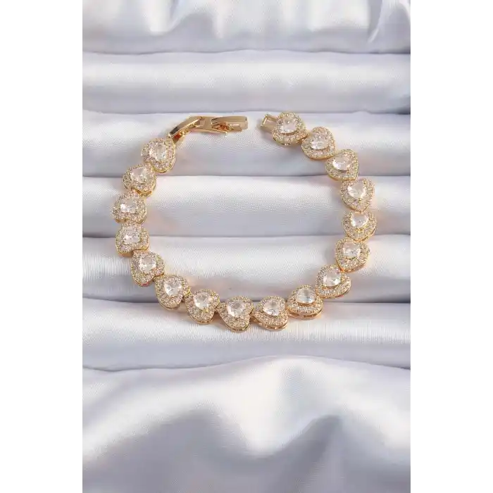 Pirinç Vip Seri Gold Renk Zirkon Taşlı Kalp Model Bileklik